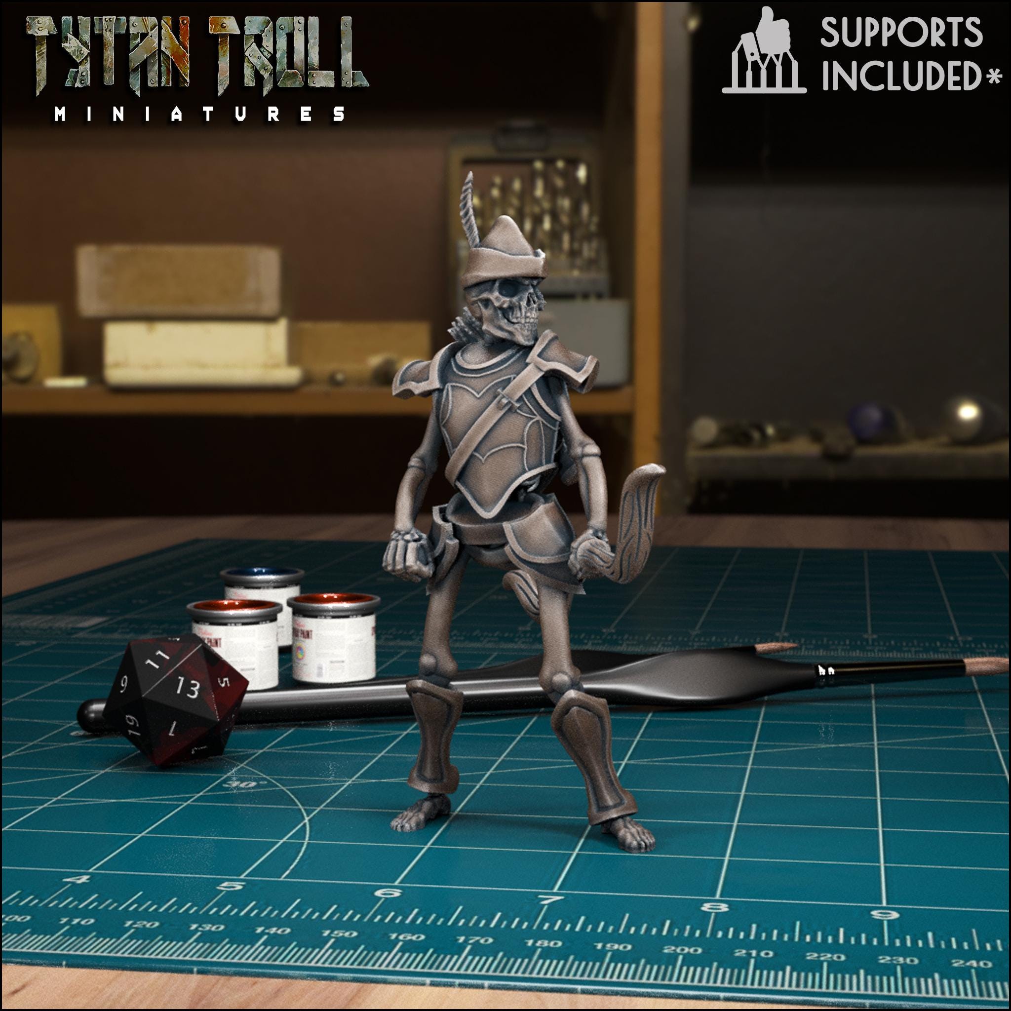Resin 3D‑printed skeleton archer miniature by TytanTroll aiming a bow.