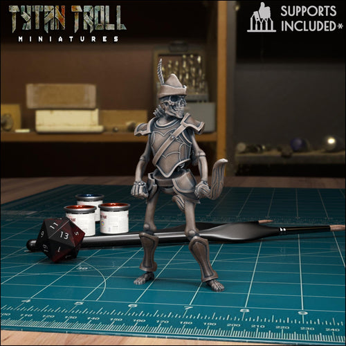 Resin 3D‑printed skeleton archer miniature by TytanTroll aiming a bow.