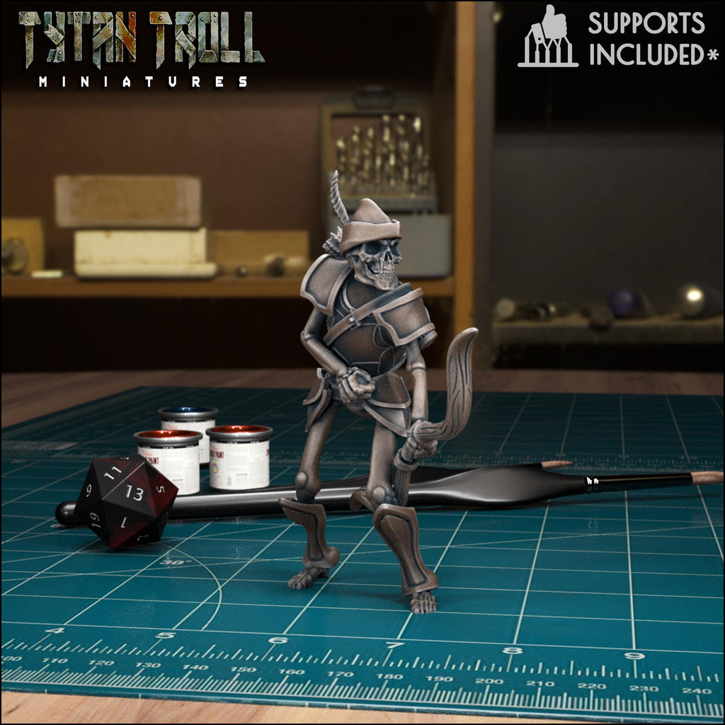 Resin 3D‑printed skeleton archer miniature by TytanTroll aiming a bow.