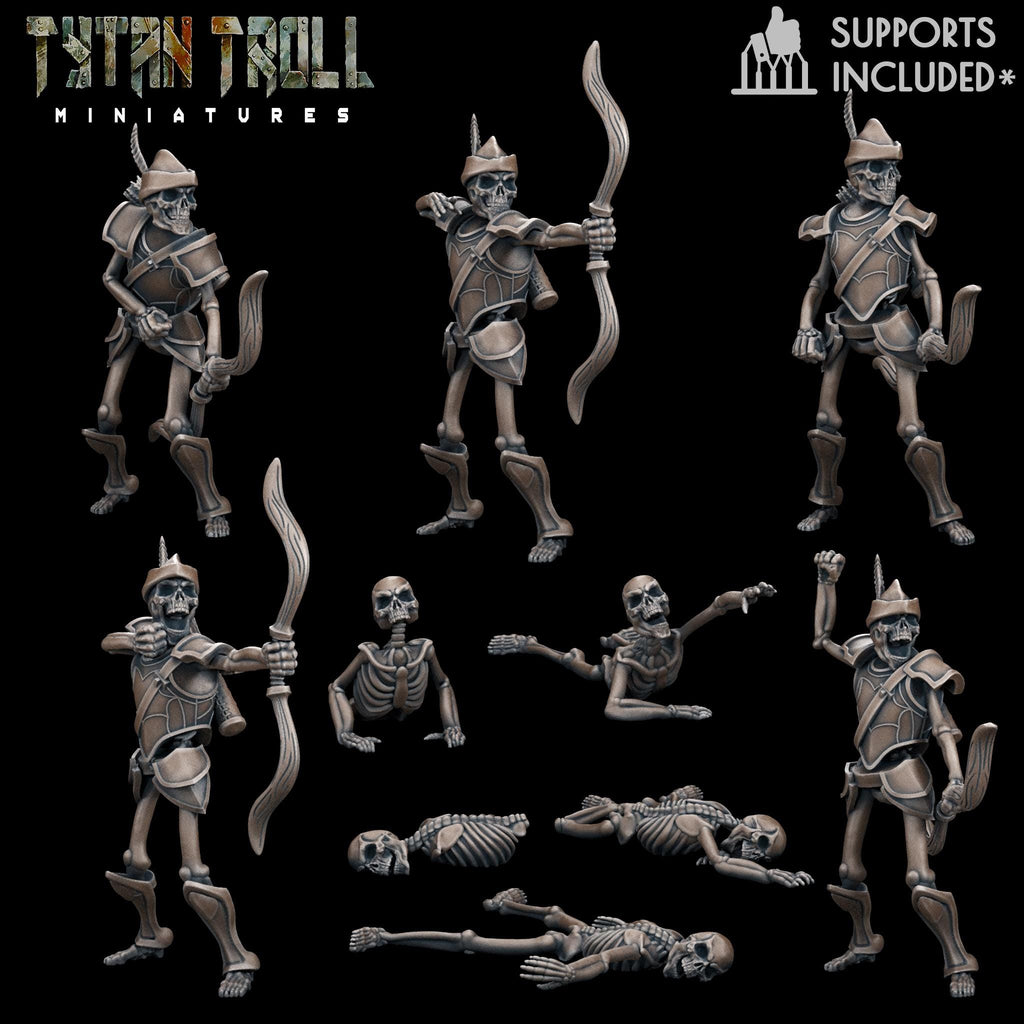 Collection of resin 3D‑printed skeleton archer and fallen skeleton miniatures by TytanTroll, displayed on a dark background with various poses, armor, bows, and skeletal details.