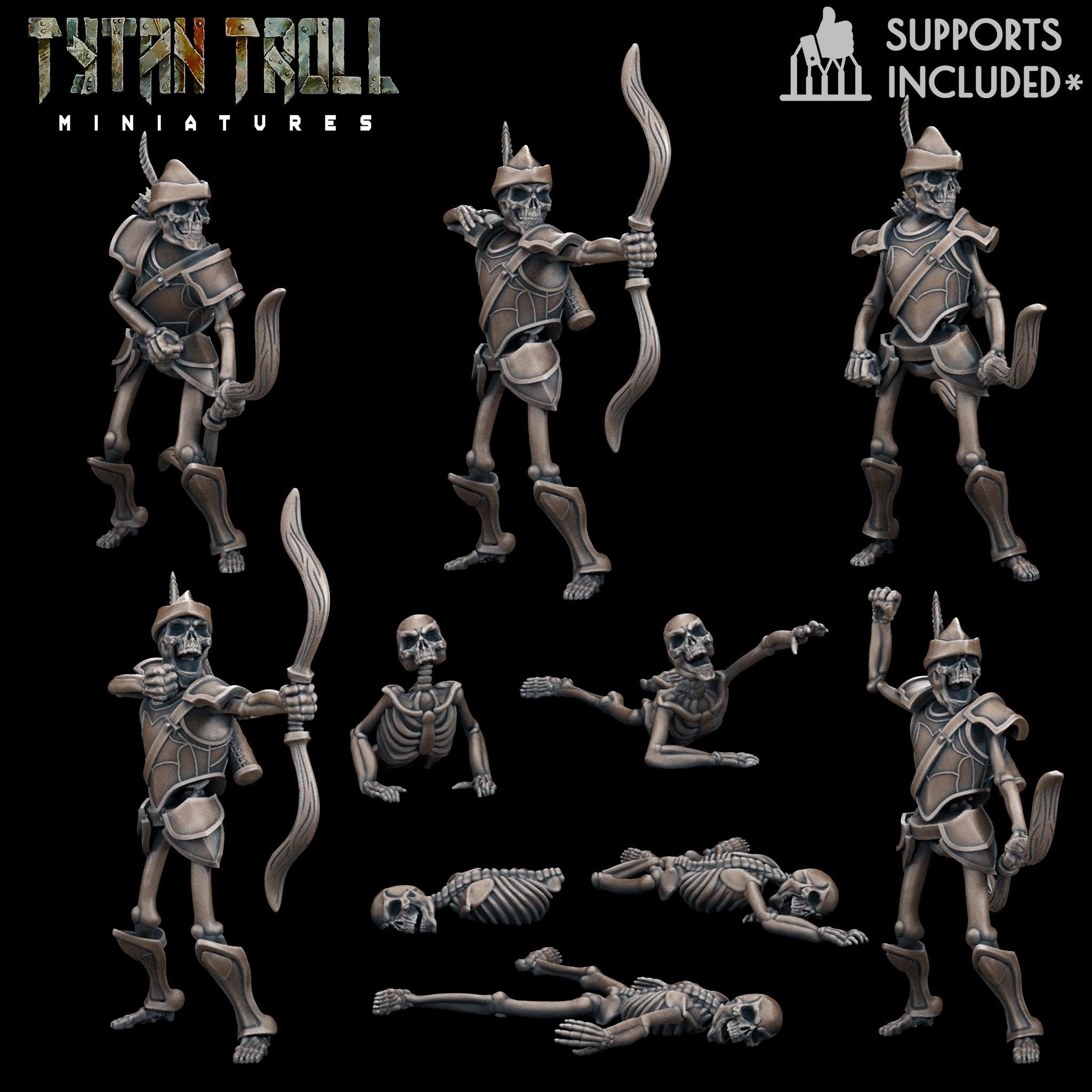 Collection of resin 3D‑printed skeleton archer and fallen skeleton miniatures by TytanTroll, displayed on a dark background with various poses, armor, bows, and skeletal details.