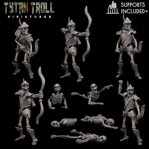 Collection of resin 3D‑printed skeleton archer and fallen skeleton miniatures by TytanTroll, displayed on a dark background with various poses, armor, bows, and skeletal details.