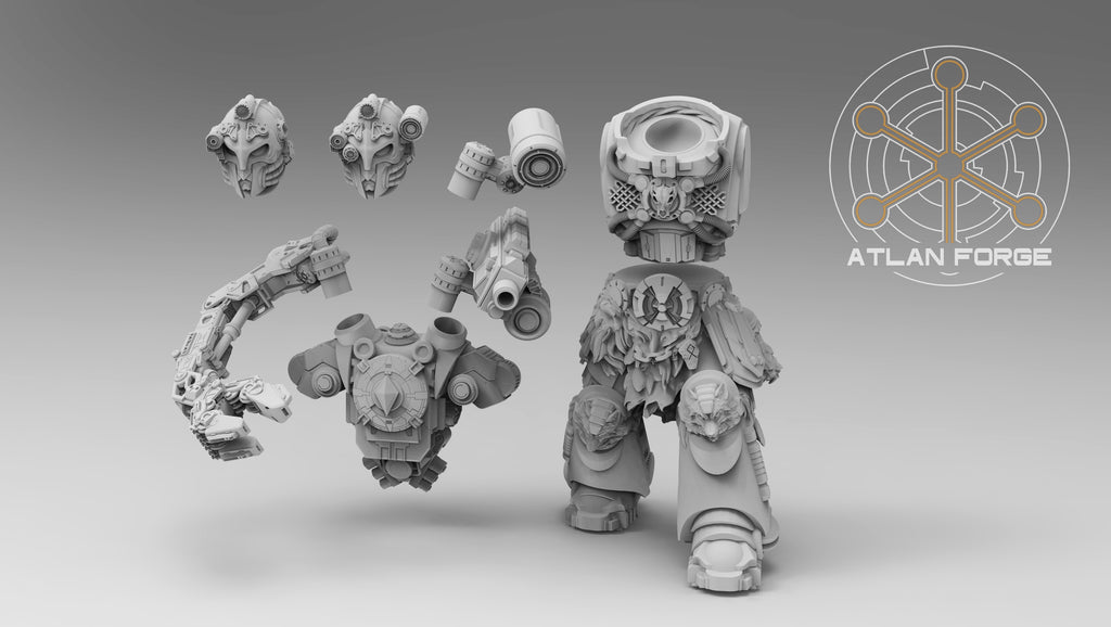Asgardian Artificer in ornate heavy sci-fi armor with mechanical equipment by Atlan Forge