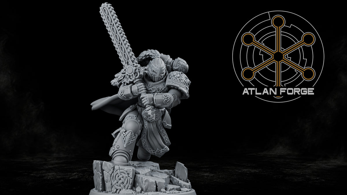 Asgardian Berserker Lord with helmeted head, Nordic armor, cloak, and two-handed chainblade
