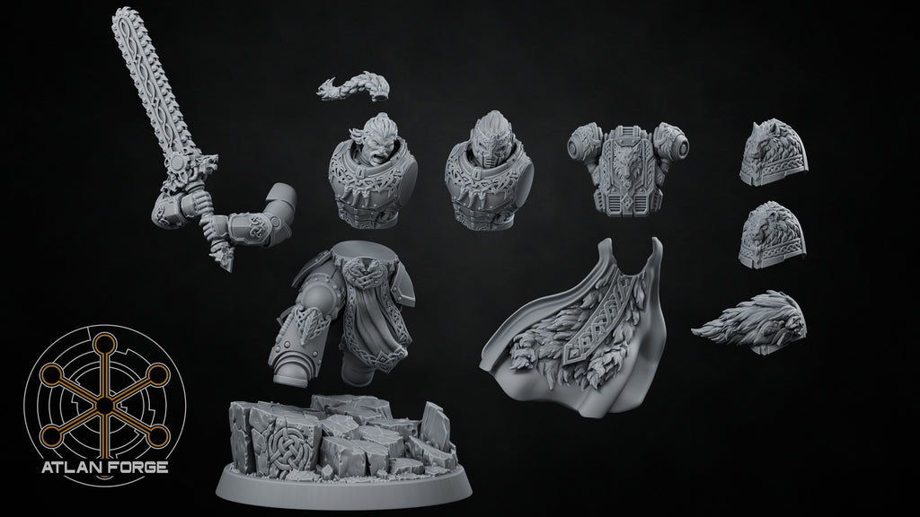 Asgardian Berserker Lord modular parts including two heads, alternate shoulder armor, cloak, and chainblade