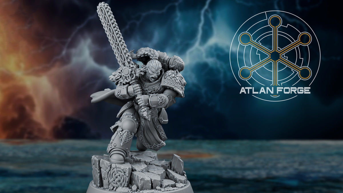 Asgardian Berserker Lord wielding an oversized chainblade in fur-trimmed sci-fi armor by Atlan Forge