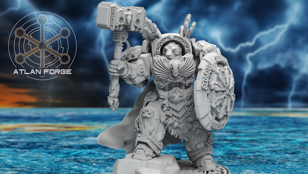 view of the Asgardian Einherjar Captain wielding a hammer and round energy shield