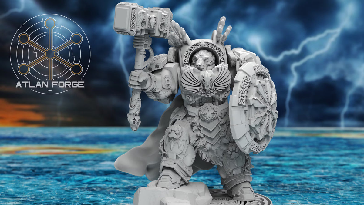view of the Asgardian Einherjar Captain wielding a hammer and round energy shield