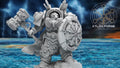 Asgardian Einherjar Captain in ornate sci-fi armor with hammer and energy shield by Atlan Forge