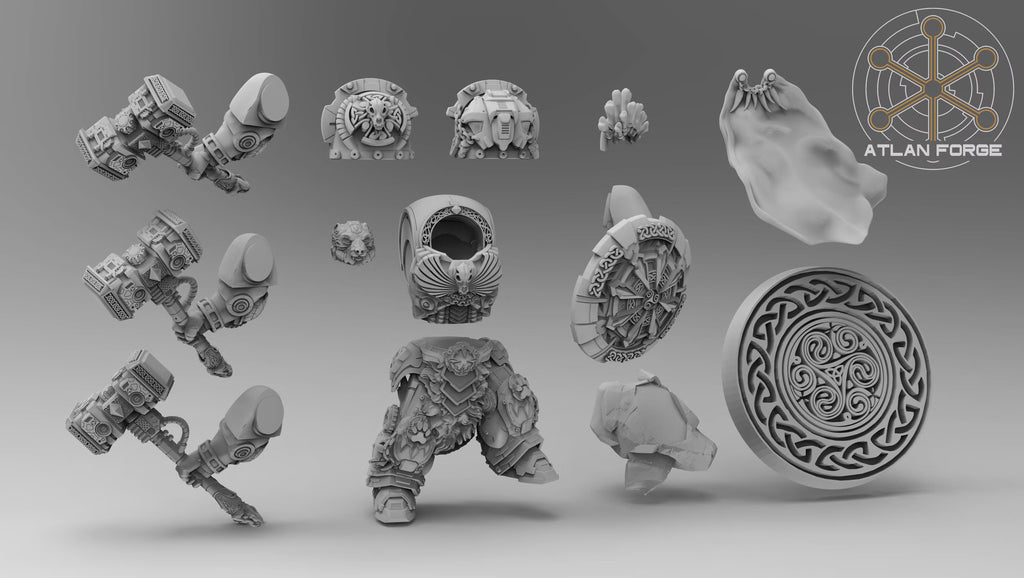 Modular parts for the Asgardian Einherjar Captain, including armor, hammer, shield, and helmet