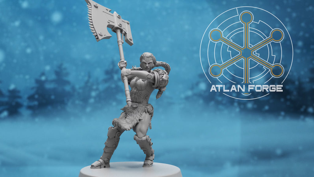 Asgardian Stormwrath Maiden in a battle stance with a raised two-handed chain axe