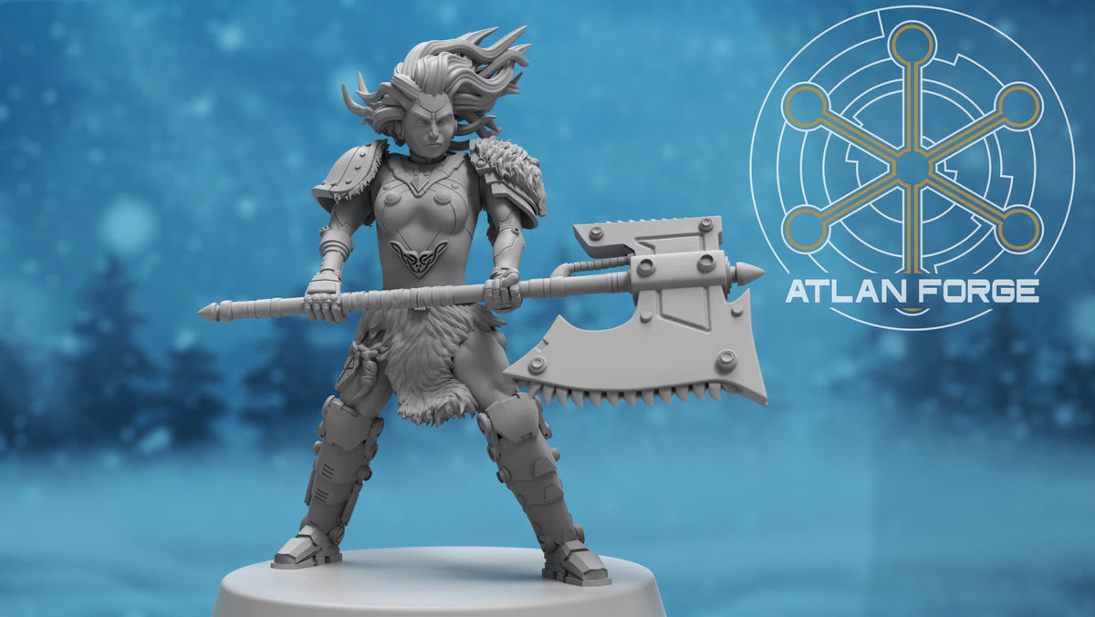 Heavily armored Asgardian Stormwrath Maiden wielding a massive double-ended chain axe