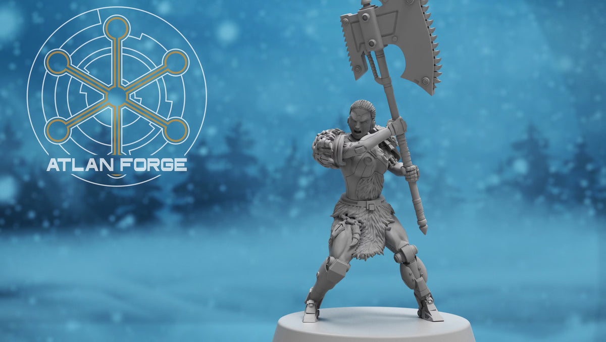 Asgardian Stormwrath Maiden standing ready with a raised two-handed chain axe
