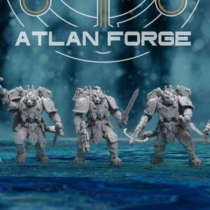 Resin 3D‑printed Asgardian Ravager Heads by Atlan Forge featuring cybernetic beast‑themed helmets with mechanical details, sculpted fangs, vents, lenses, and ear‑like armor shapes as shown on full models. 