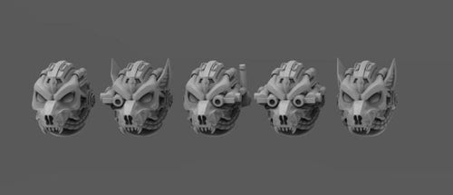 Resin 3D‑printed Asgardian Ravager Heads by Atlan Forge featuring cybernetic beast‑themed helmets with mechanical details, sculpted fangs, vents, lenses, and ear‑like armor shapes.
