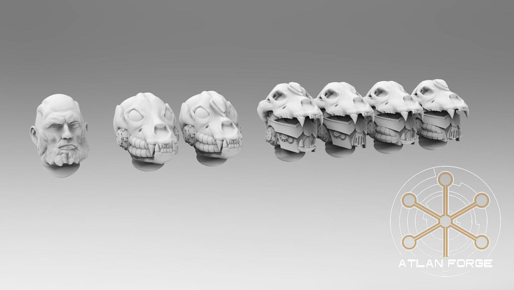 Close-up of Asgardian Storm Priest Heads showing facial features.