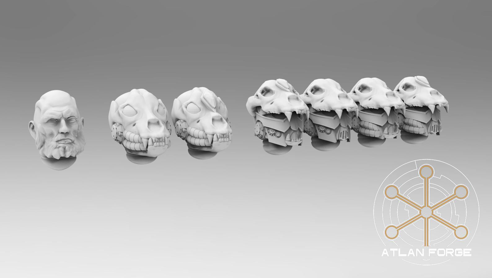 Close-up of Asgardian Storm Priest Heads showing facial features.