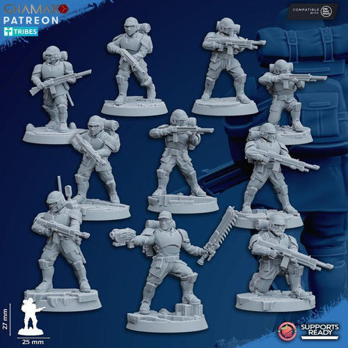 Ten Ghamak Assault Troops sci-fi resin miniatures shown as a modular infantry squad with rifles, armor, backpacks, and scenic bases.