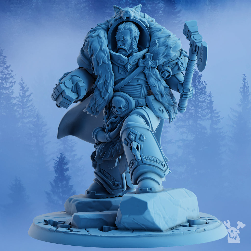 Alternate view of Asver the Storm Father resin miniature by DakkaDakka, showing the fur cloak, raised axe, armored legs, skull details, and icy fantasy warrior styling.