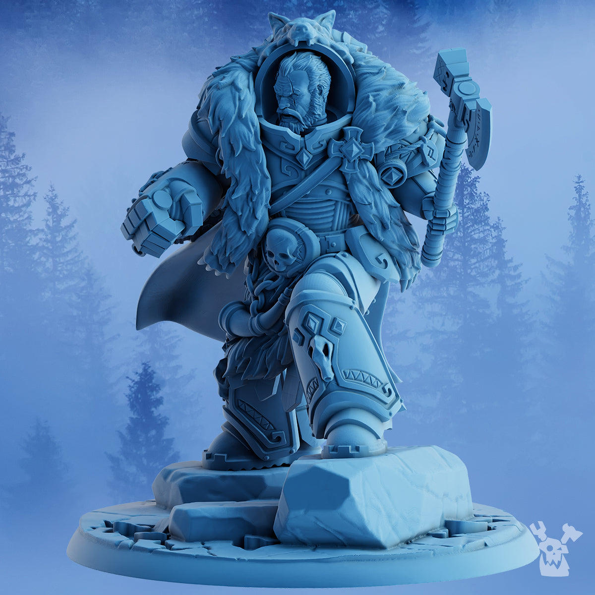 Alternate view of Asver the Storm Father resin miniature by DakkaDakka, showing the fur cloak, raised axe, armored legs, skull details, and icy fantasy warrior styling.