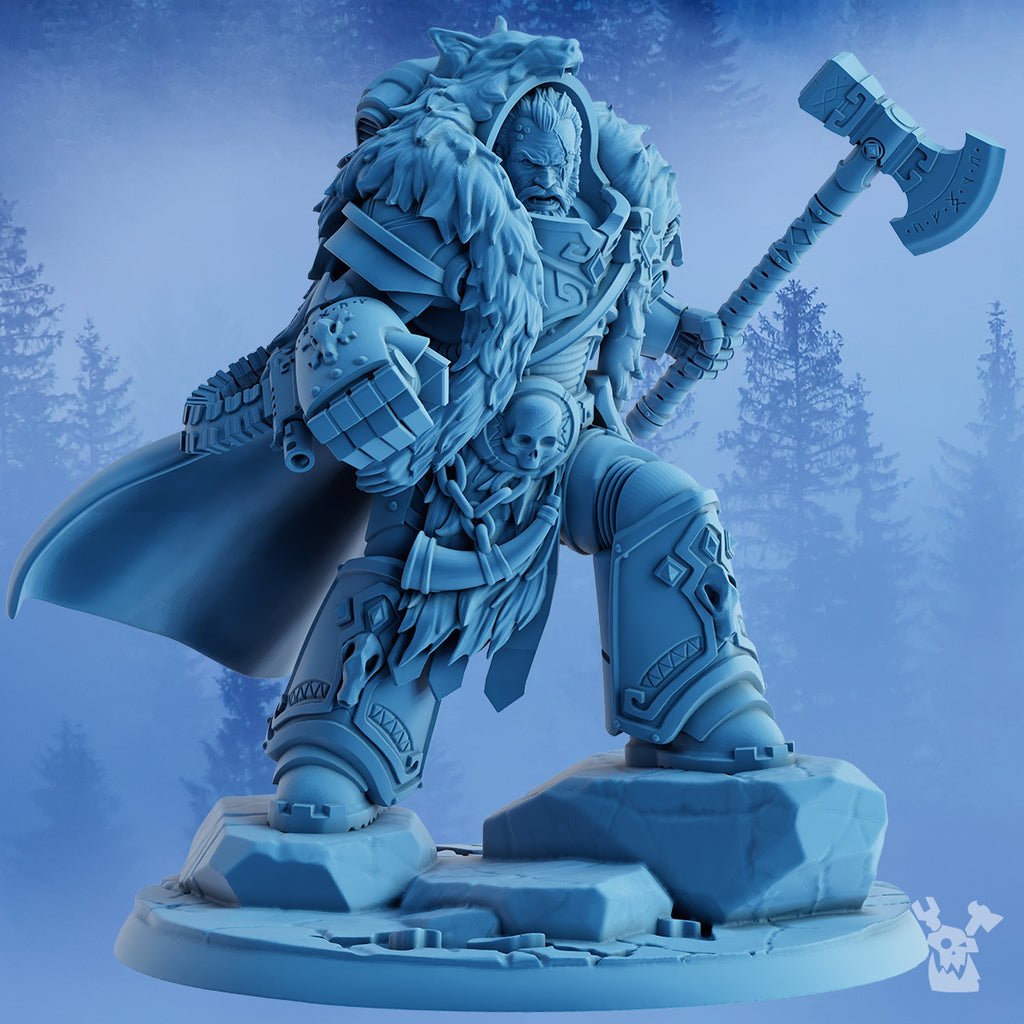 Asver the Storm Father by DakkaDakka, a high-detail resin Stormbringers character miniature with fur cloak, heavy armor, axe, wolf details, and rocky scenic base.