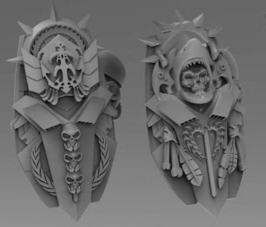 Close-up of two available Wai Toa resin shield designs for sci-fi miniature conversions