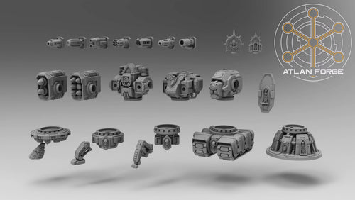 Modular Atlan Sentry Gun kit with turret bodies, platform options, weapons, missiles, shields and gothic ornaments