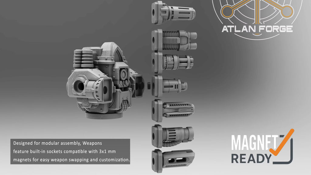 Atlan Sentry Gun turret with seven interchangeable weapon designs and magnet-ready mounting sockets