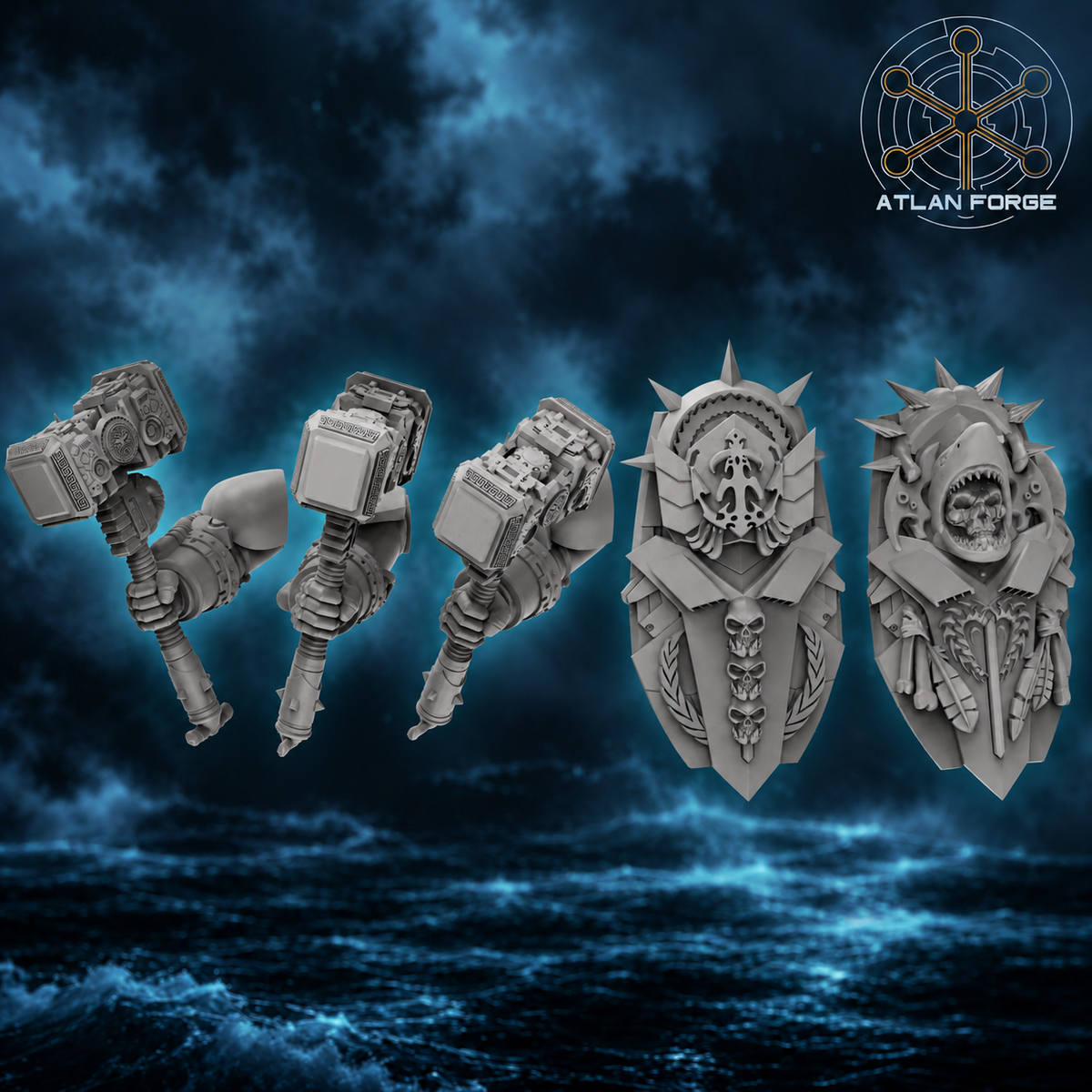 Three Wai Toa hammer arms and two oceanic shield designs displayed against a dark teal ocean background with the Atlan Forge logo