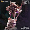Baba Yaga Ancient Witch miniature by DM Stash, shown as a fantasy RPG witch standing on a barrel with staff, baskets, bones, furs, and folklore-inspired details.