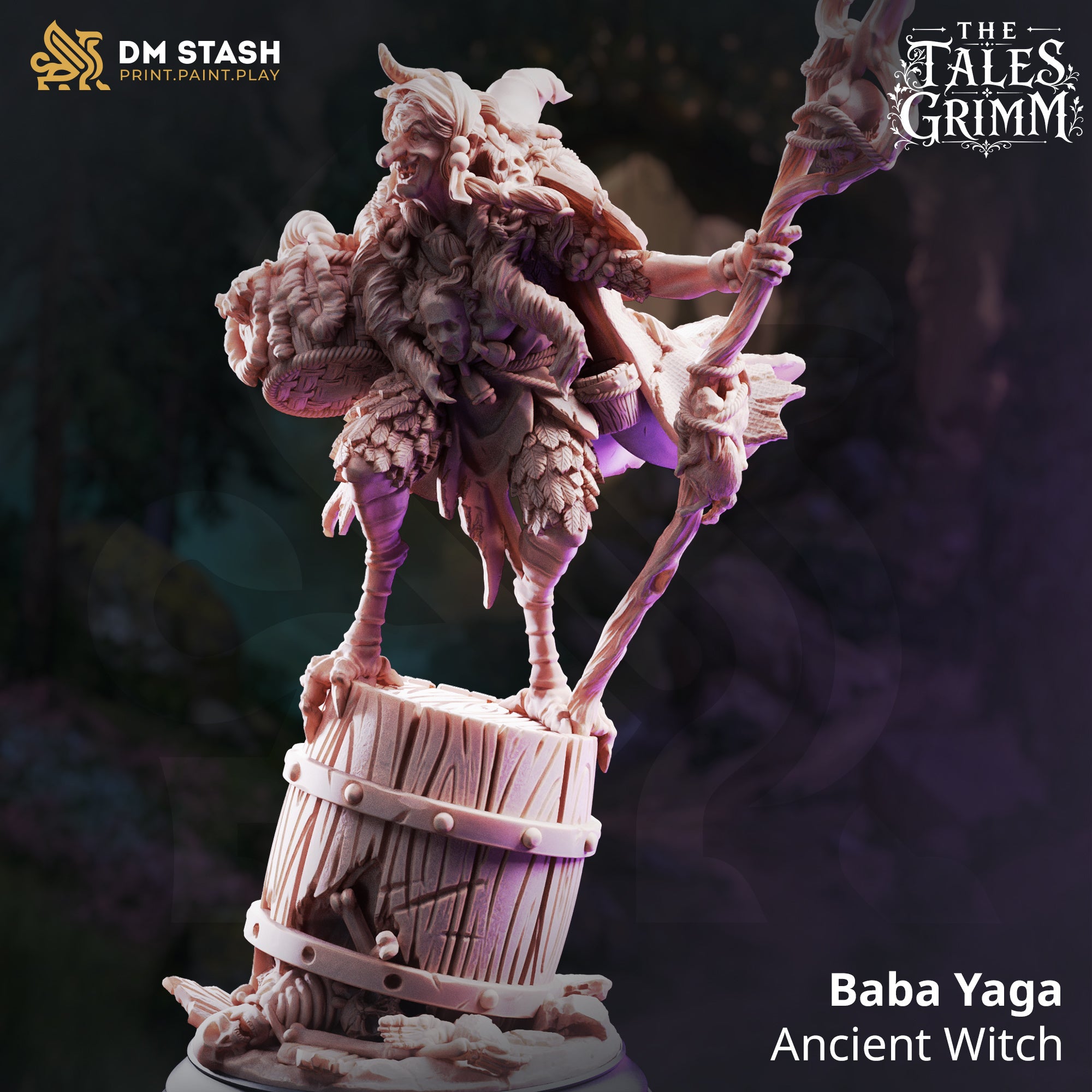 Baba Yaga Ancient Witch miniature by DM Stash, shown as a fantasy RPG witch standing on a barrel with staff, baskets, bones, furs, and folklore-inspired details.