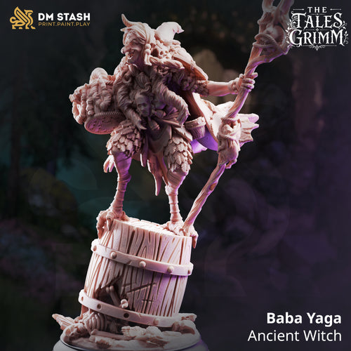 Baba Yaga Ancient Witch miniature by DM Stash, shown as a fantasy RPG witch standing on a barrel with staff, baskets, bones, furs, and folklore-inspired details.