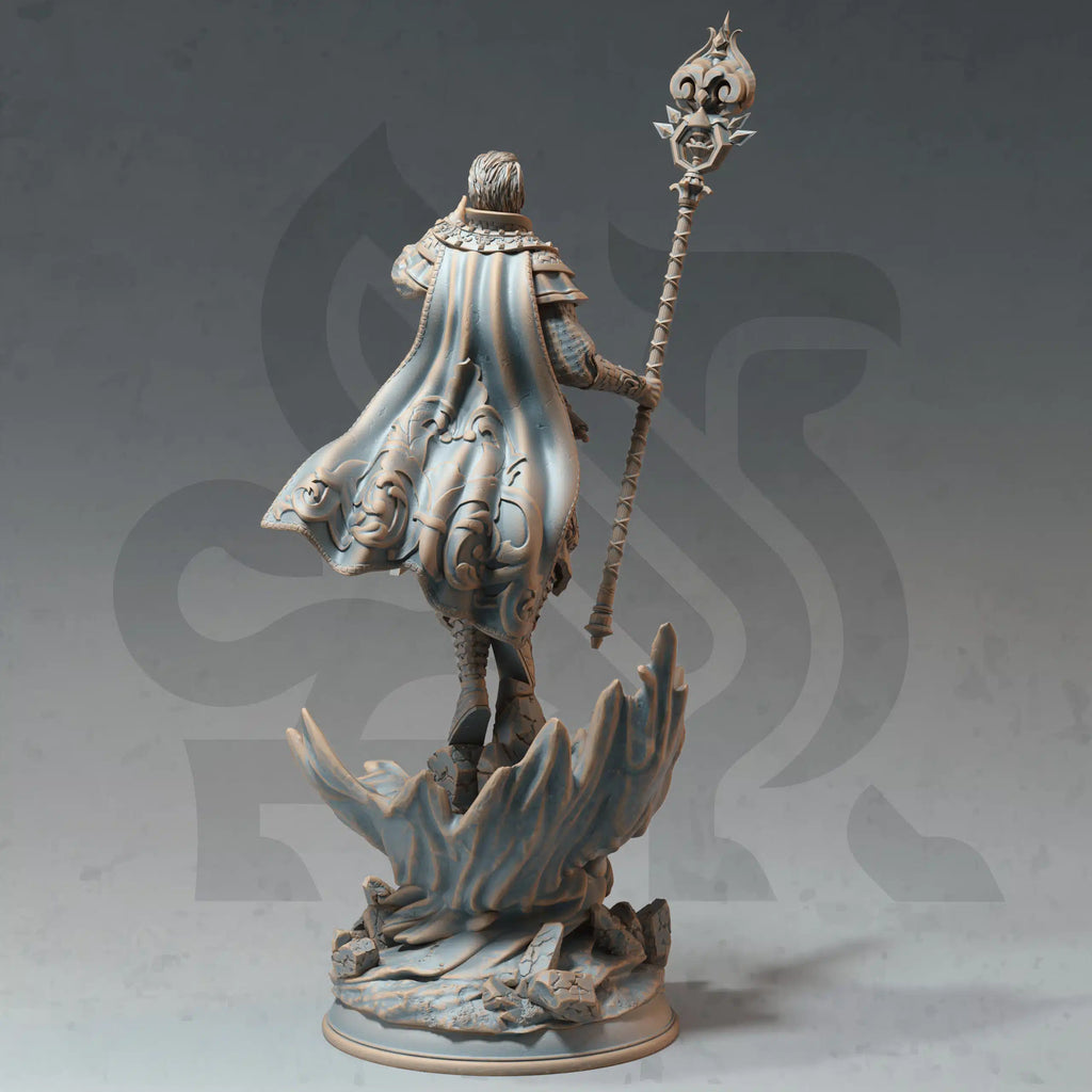 Rear view of Barandir the Lucid Headmaster miniature by DM Stash, showing cloak, robes, staff, armor details, and fantasy RPG base.