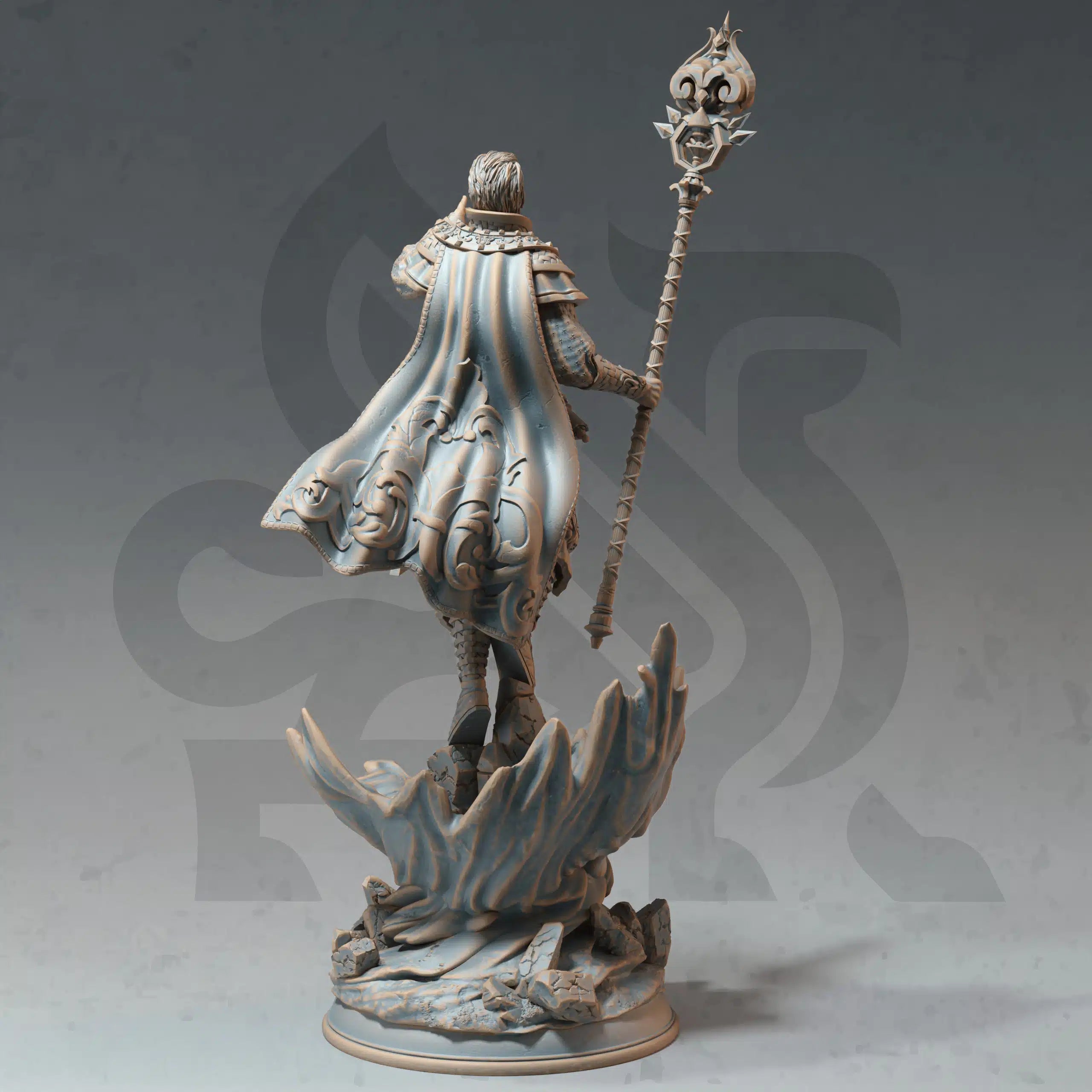 Rear view of Barandir the Lucid Headmaster miniature by DM Stash, showing cloak, robes, staff, armor details, and fantasy RPG base.