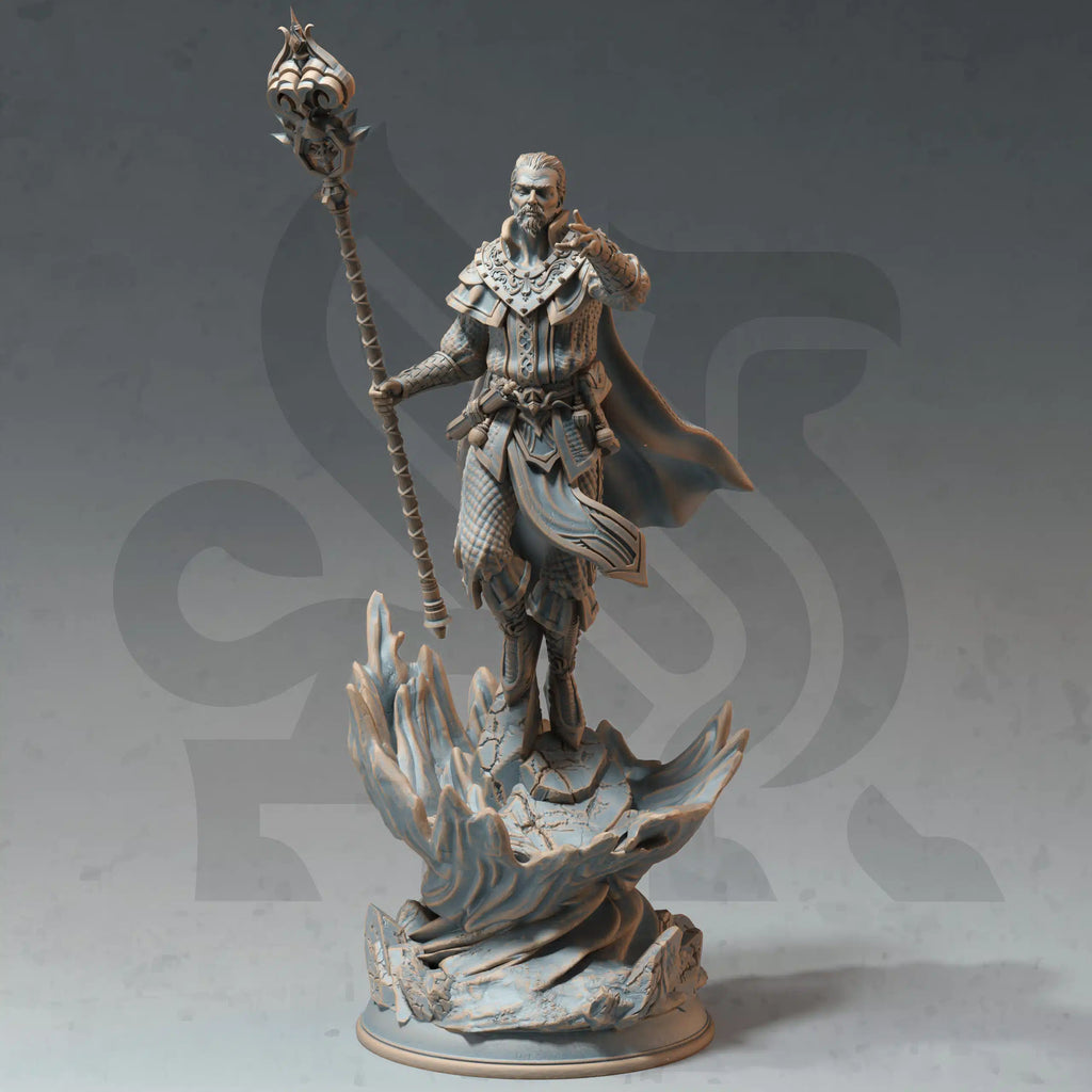 Barandir the Lucid Headmaster human wizard sorcerer miniature by DM Stash, resin printed fantasy RPG academy NPC with staff and crystal base.