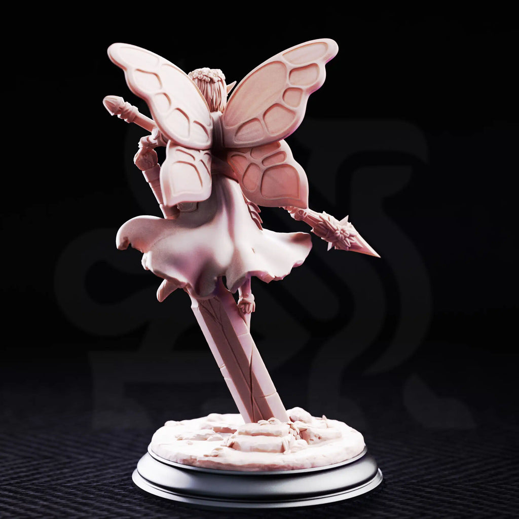 Rear view of Battle Bell Fairy Knight by DM Stash, showing large butterfly-style wings, flowing outfit, spear, scenic base, and fey warrior details.