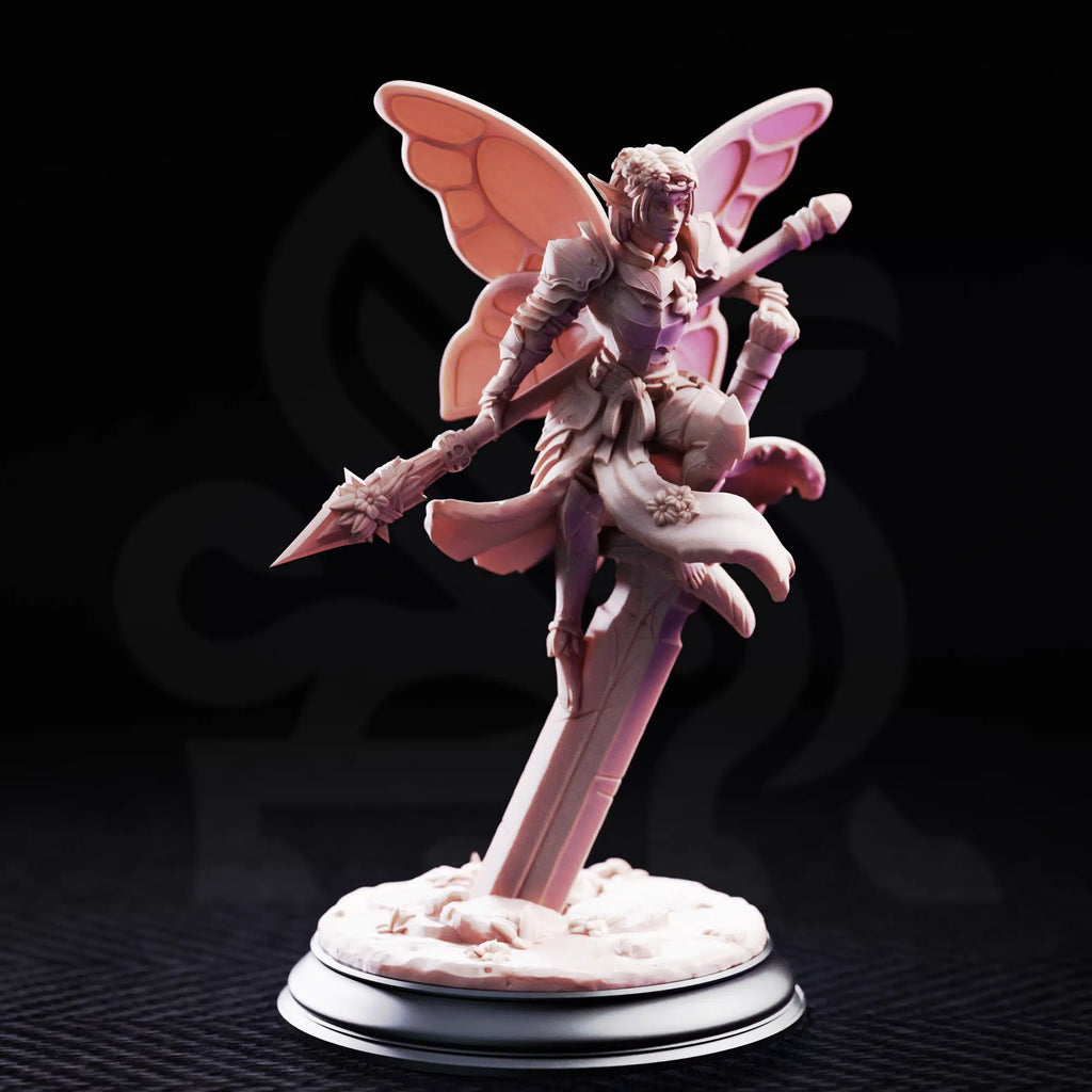 Front view of Battle Bell Fairy Knight by DM Stash, showing a fey fantasy warrior with spear, large wings, floral details, light armor, and dynamic base.