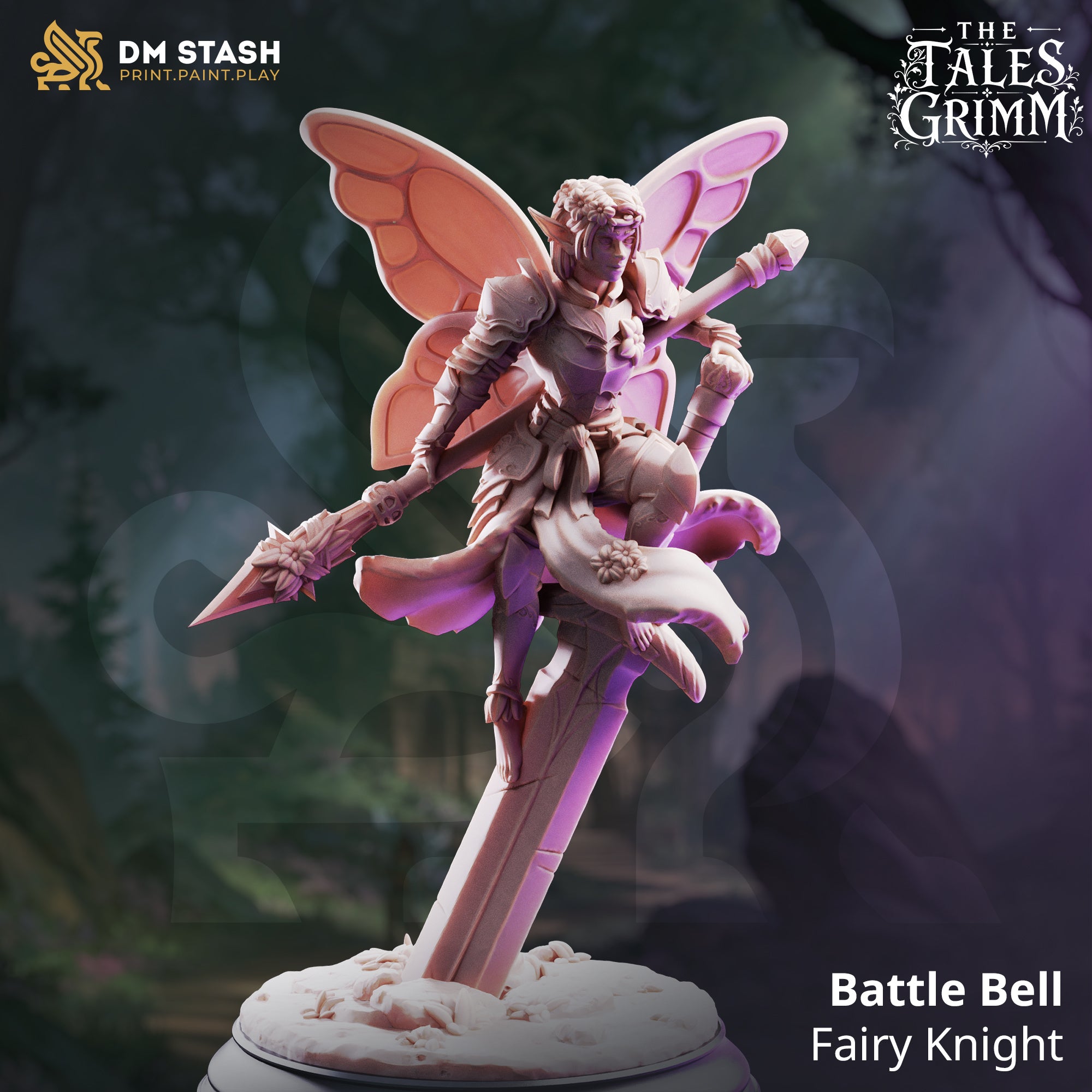 Battle Bell Fairy Knight miniature by DM Stash, shown with large fairy wings, spear, floral armor details, and dynamic fantasy RPG pose.