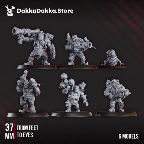 Full squad of 6 Bazooka Bruvvaz by DakkaDakka, showing sci-fi orc heavy-weapon resin miniatures with oversized launchers.