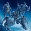 Berserker Squad by DakkaDakka, showing five fantasy resin warrior miniatures with axes, shields, claws, fur details, and northern barbarian styling.