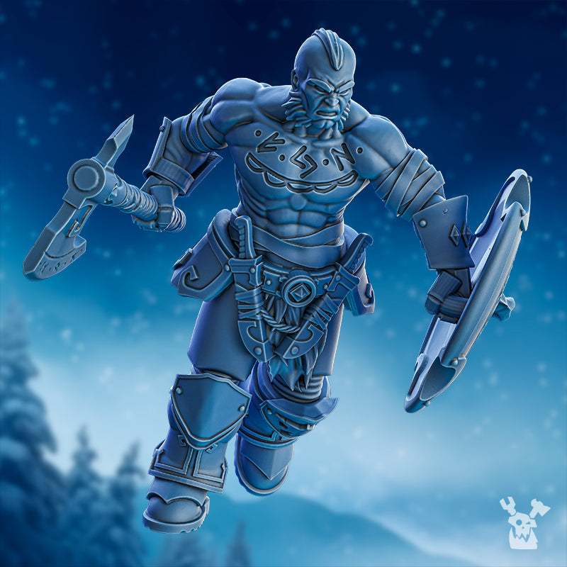 Berserker Squad miniature by DakkaDakka, shown charging with axe and shield, bare-chested armor detail, and fantasy berserker styling.