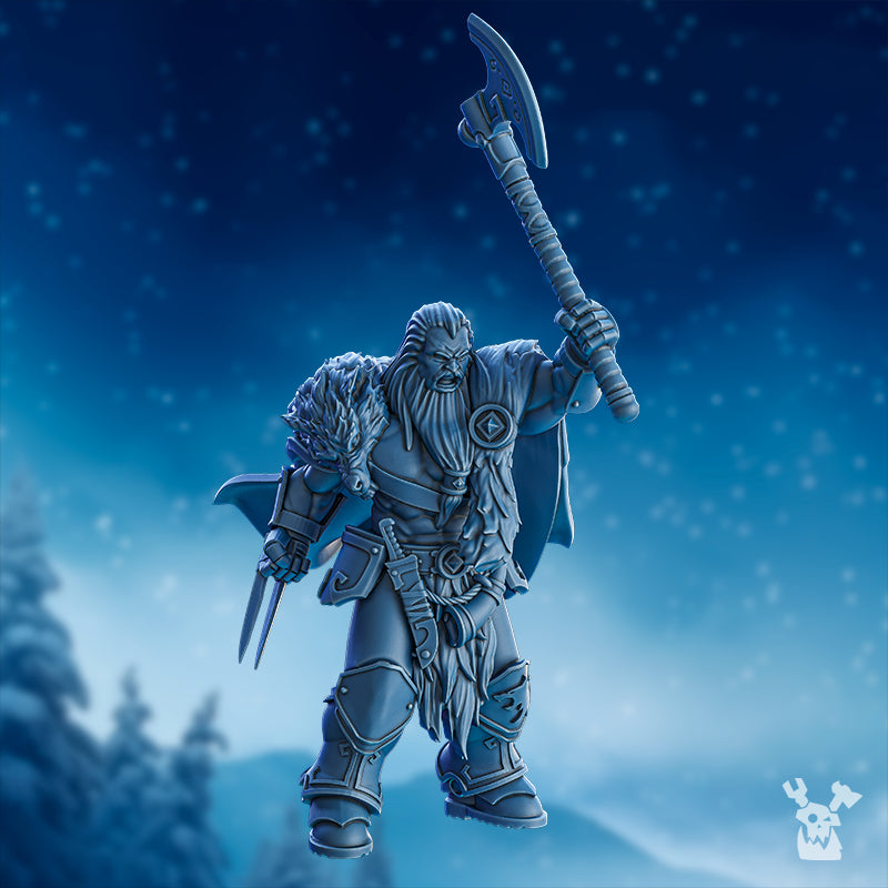 Berserker Squad fantasy warrior by DakkaDakka, shown raising a large axe with fur armor, cloak detail, and dynamic tabletop pose.
