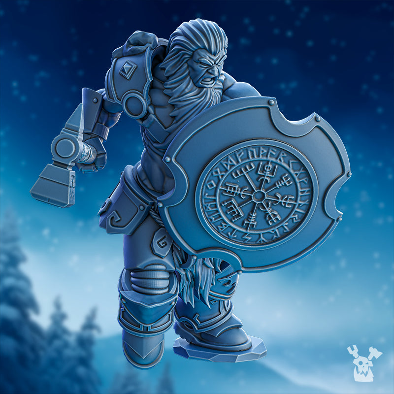 Berserker Squad miniature by DakkaDakka, shown with a large shield, hammer weapon, fur detail, and northern warrior styling.