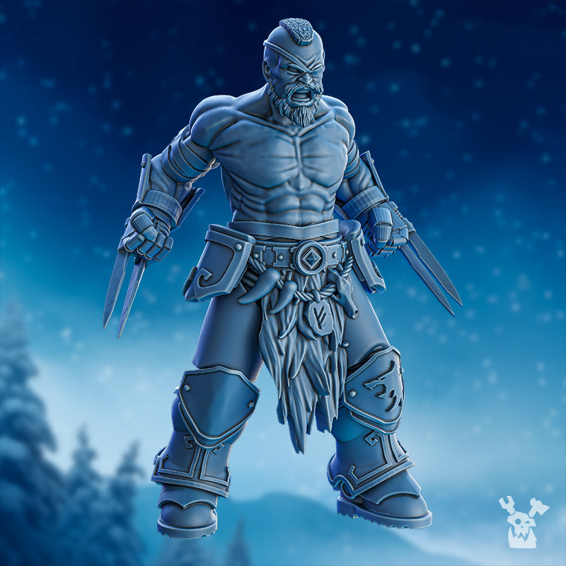 Berserker Squad miniature by DakkaDakka, shown as a bare-chested fantasy warrior with claw weapons, heavy boots, fur detail, and aggressive pose.