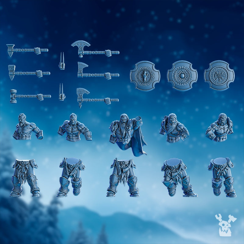 Berserker Squad modular parts by DakkaDakka, showing fantasy warrior torsos, legs, axes, shields, claw weapons, arms, and build options.
