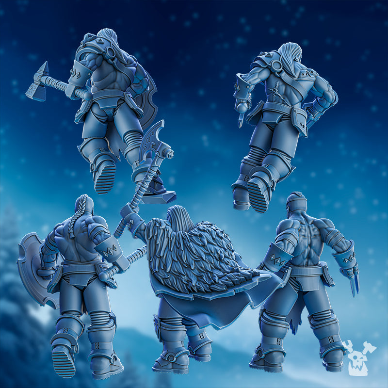 Rear view of the Berserker Squad by DakkaDakka, showing five fantasy warrior miniatures with fur details, weapons, shields, boots, and rear sculpt detail.