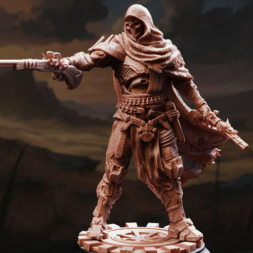 Big Iron Warforged Hunter miniature by DM Stash, holding a long firearm and side weapon on a circular scenic base against a decorative background. 