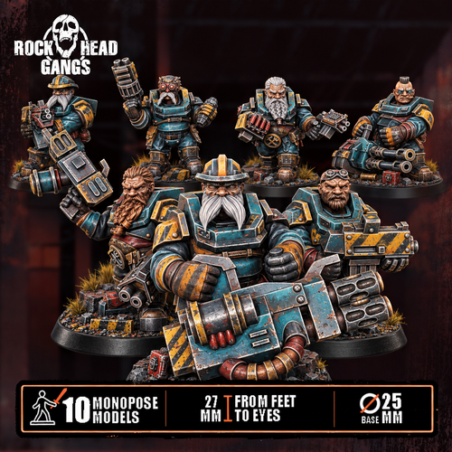 Painted monopose Black Mountain Diggers Gang industrial sci-fi miniatures by Rockheadgangs, showing rugged mining-themed tabletop fighters with armor, tools, weapons, gear, and gritty character details.