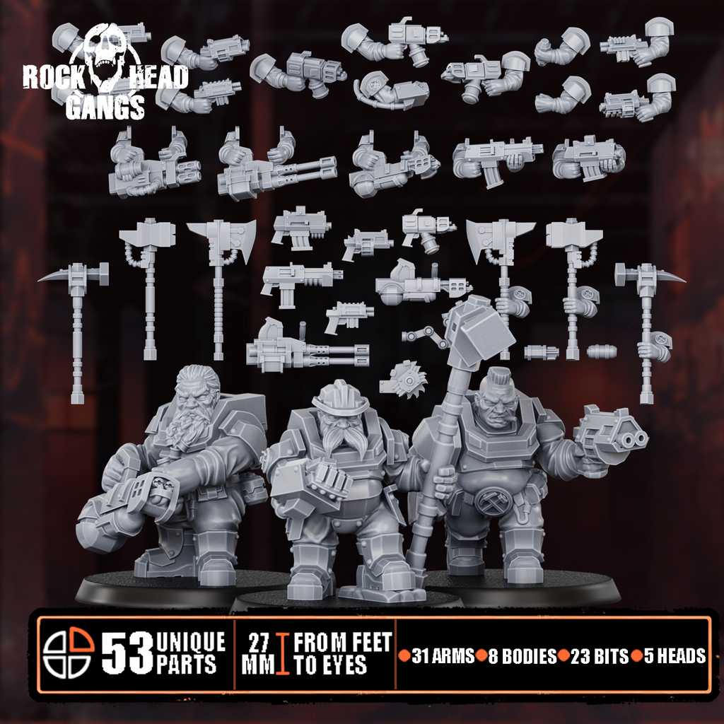 Black Mountain Diggers Gang industrial sci-fi miniatures by Rockheadgangs, showing rugged mining-themed tabletop fighters with armor, tools, weapons, gear, and gritty character details.