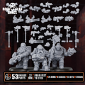 Black Mountain Diggers Gang industrial sci-fi miniatures by Rockheadgangs, showing rugged mining-themed tabletop fighters with armor, tools, weapons, gear, and gritty character details.